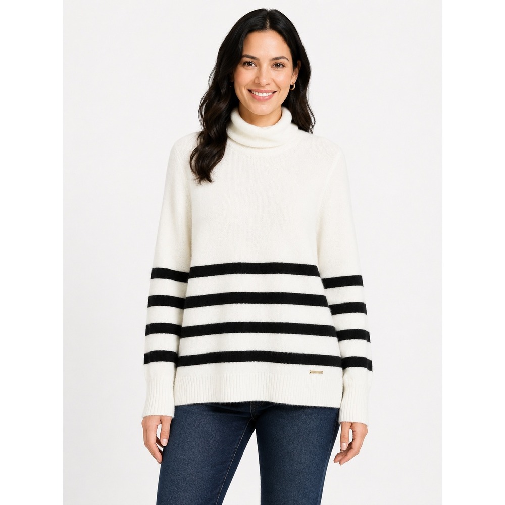 White Stripe Turtleneck Sweater Medium Merino Alpaca Nautical Preppy Luxury Chic